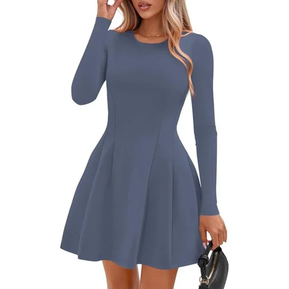 blue fall dress women Blue Acid Wash Collared Front Pocket Denim Dress – SSYS main image 1